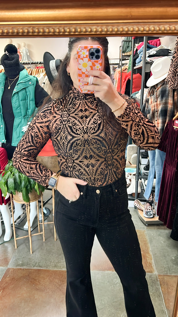 Tan Sheer Mesh Top - Velvet Burnout Top - Long Sleeve Mesh