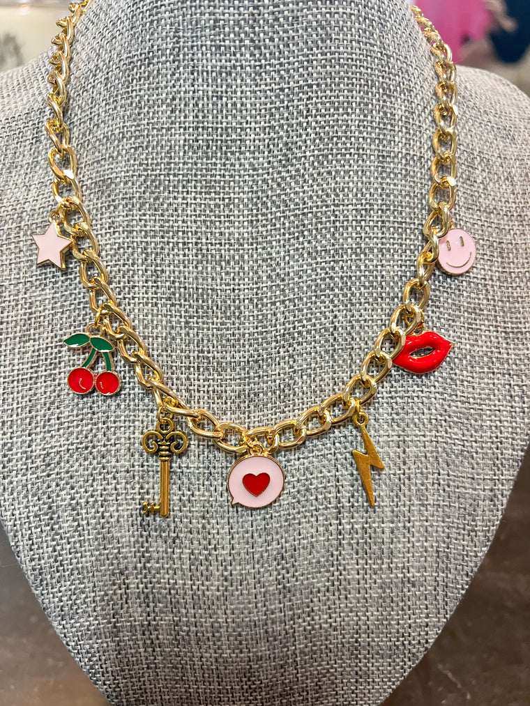 RED & PINK CHARM NECKLACE