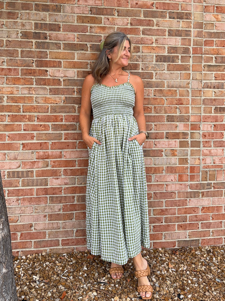 GREEN GINGHAM PRINT LONG DRESS – Crave Boutique