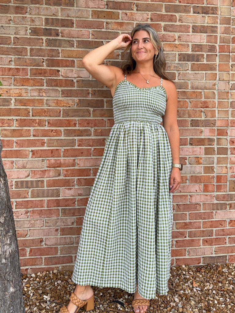GREEN GINGHAM PRINT LONG DRESS – Crave Boutique