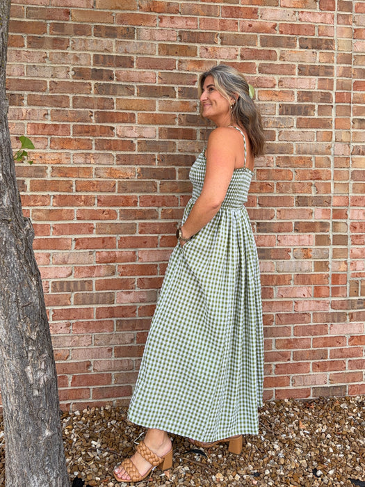 GREEN GINGHAM PRINT LONG DRESS