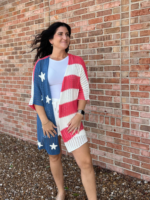 OPEN KNIT PATRIOTIC CARDIGAN