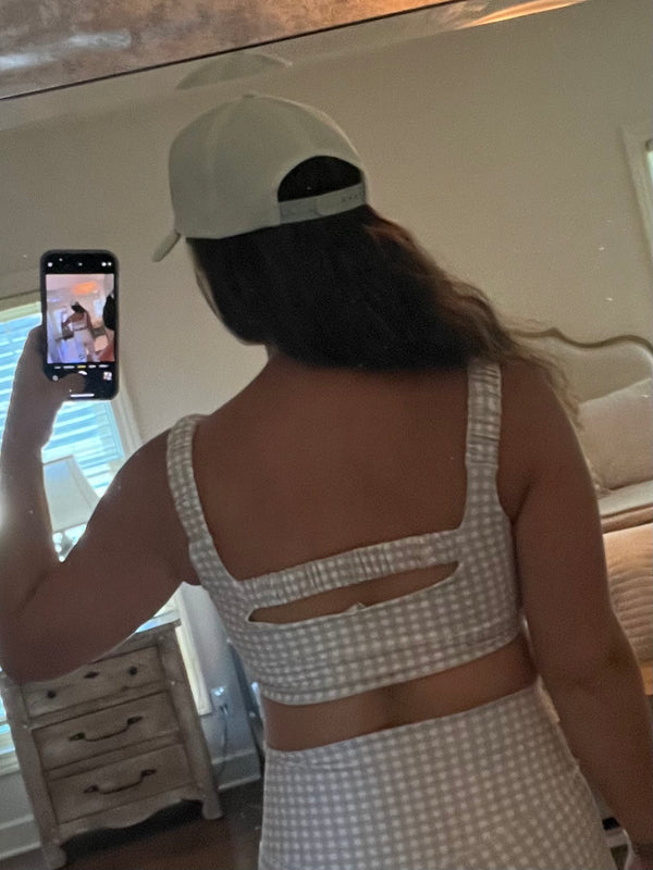 BEIGE GINGHAM SPORTS BRA