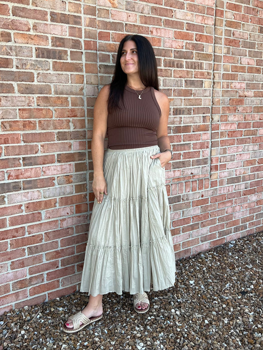 SMOCKED BAND MIDI SKIRT- 2 COLORS