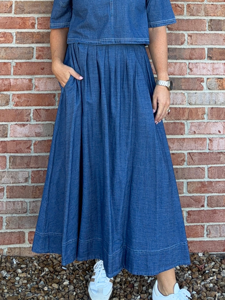 DENIM PLEATED MIDI SKIRT