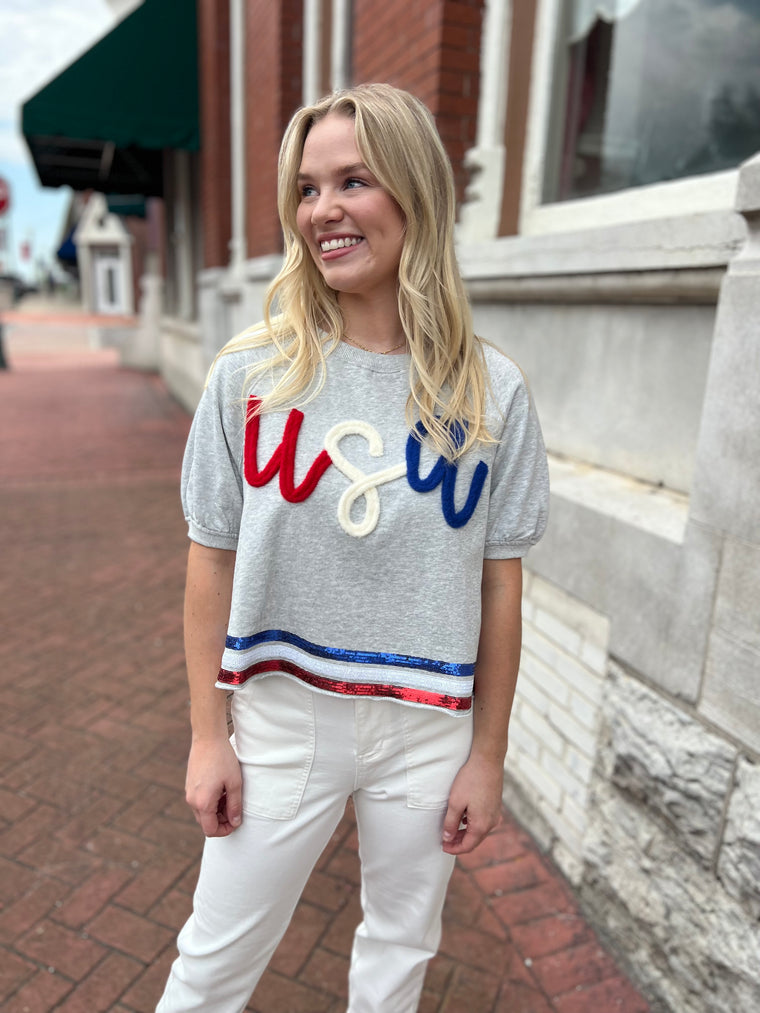 USA YARN EMBROIDERED CROP TOP