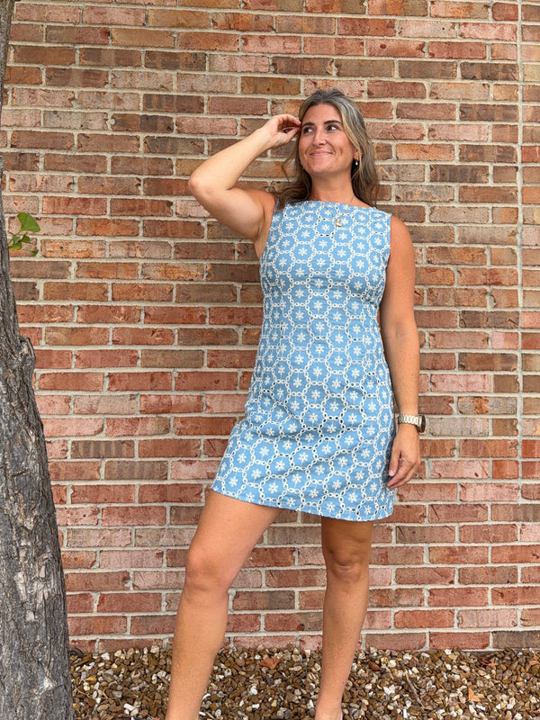EMBROIDERED EYELET MINI DRESS