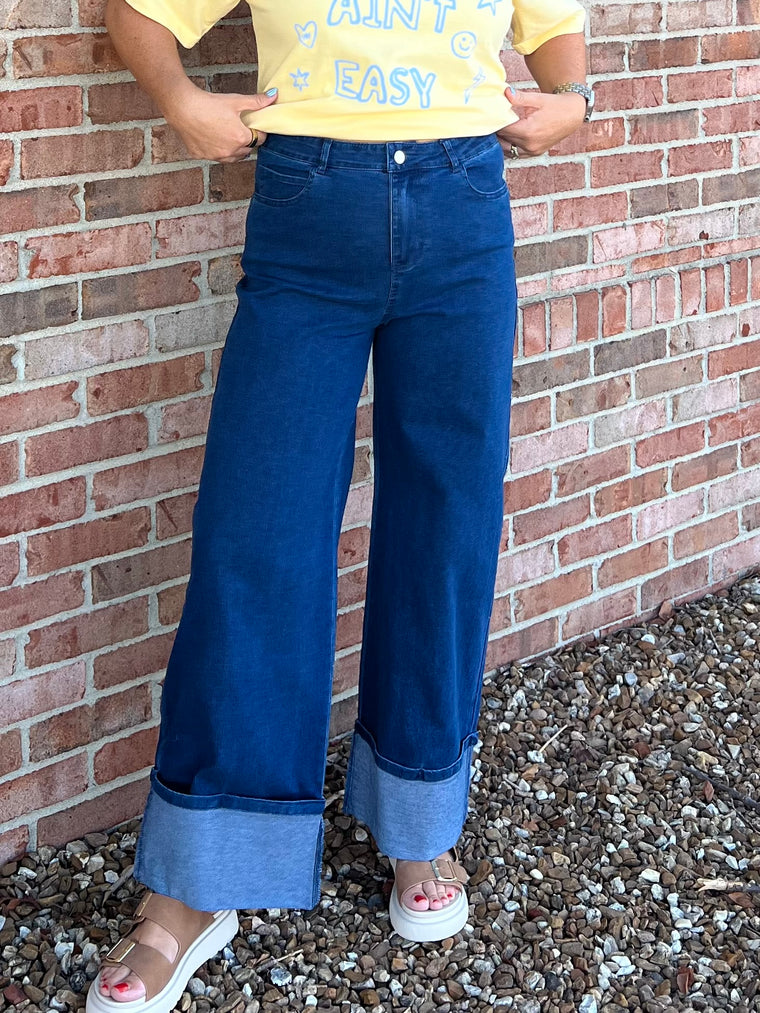 WIDE LEG CUFFED JEANS