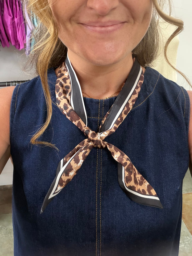 LEOPARD WITH BLACK TRIM SATIN SCARF