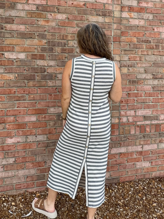 STRIPED BUTTON BACK MIDI DRESS