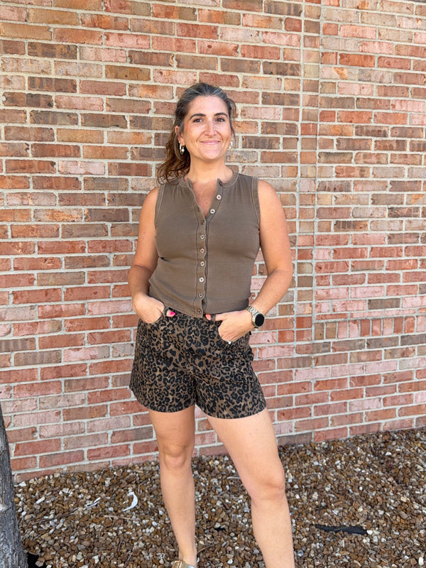 BROWN BUTTON FRONT TANK TOP