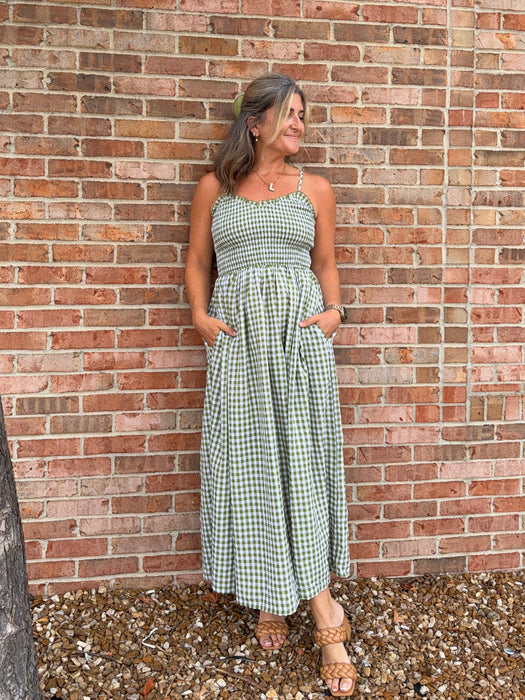 GREEN GINGHAM PRINT LONG DRESS