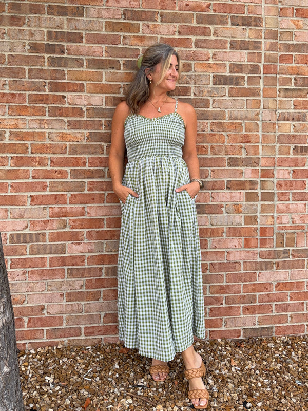 GREEN GINGHAM PRINT LONG DRESS