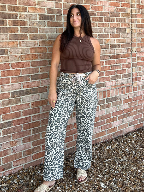 BRAIDED WAIST BELT LEOPARD PANTS