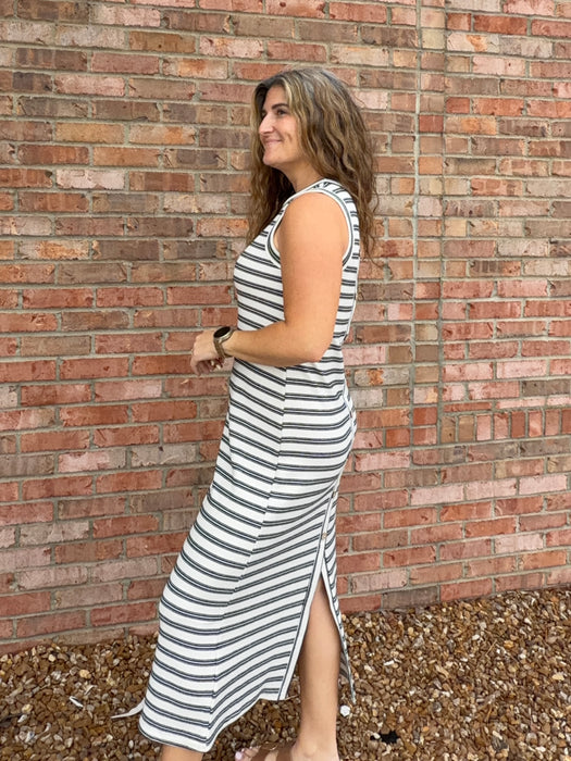 STRIPED BUTTON BACK MIDI DRESS