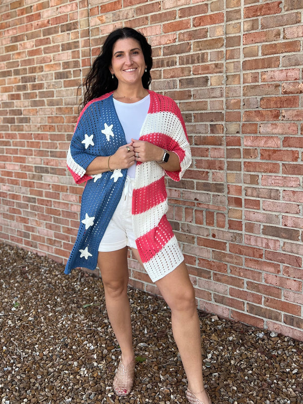 OPEN KNIT PATRIOTIC CARDIGAN
