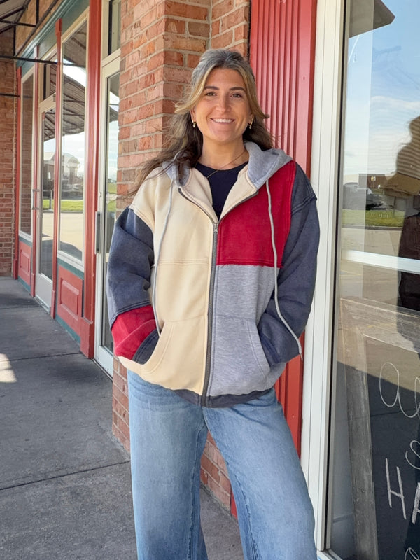 NAVY AND RED ZIP UP HOODIE