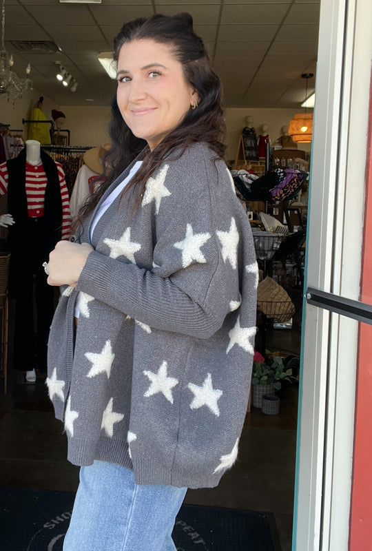BOUCLE STAR DETAIL CARDIGAN- 2 COLORS