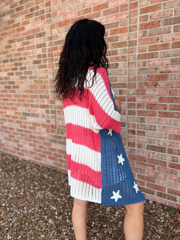 OPEN KNIT PATRIOTIC CARDIGAN