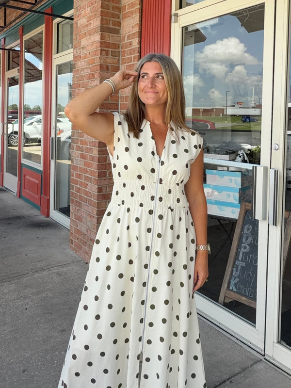 ZIPPERED FRONT POLKA DOT DRESS