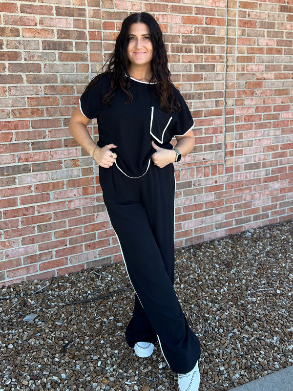 BLACK PANTS WITH WHITE TRIM