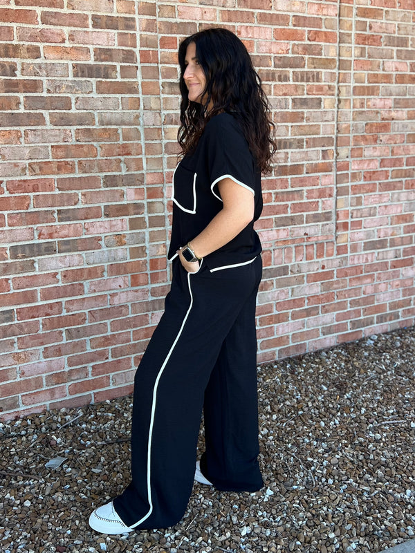 BLACK PANTS WITH WHITE TRIM