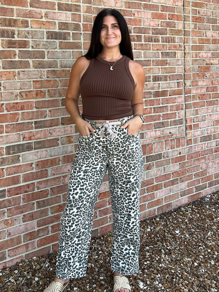 BRAIDED WAIST BELT LEOPARD PANTS