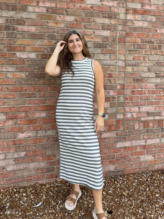 STRIPED BUTTON BACK MIDI DRESS