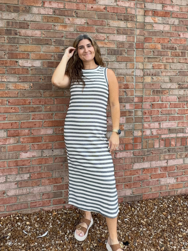 STRIPED BUTTON BACK MIDI DRESS