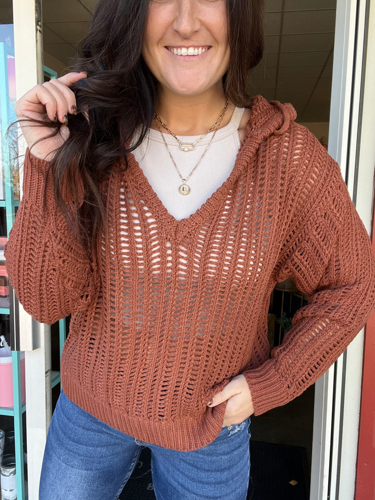 OPEN KNIT HOODED SWEATER- 2 COLORS