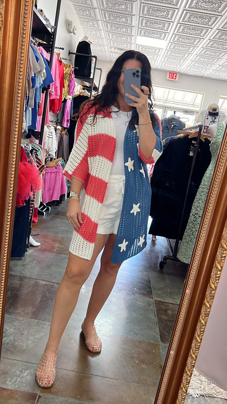 OPEN KNIT PATRIOTIC CARDIGAN