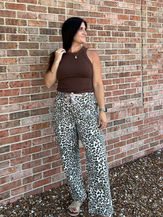 BRAIDED WAIST BELT LEOPARD PANTS