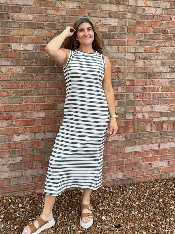 STRIPED BUTTON BACK MIDI DRESS