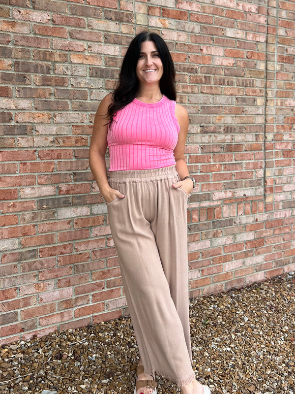 FRAYED HEM LINEN PANTS- 2 COLORS