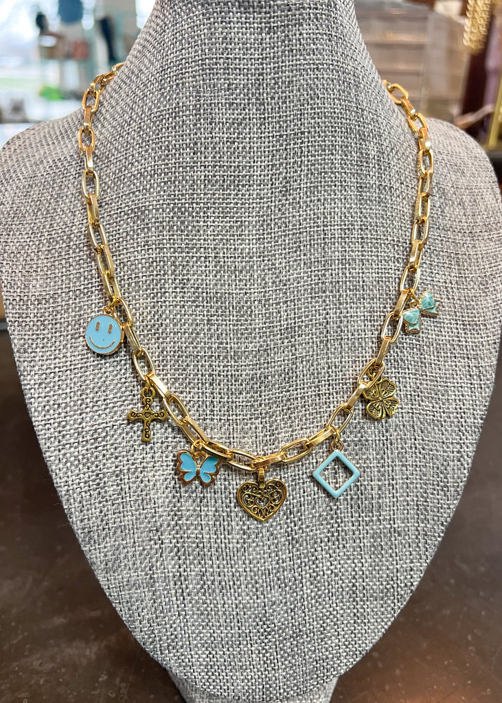 TURQUOISE & GOLD CHARM NECKLACE