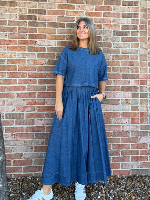 DENIM PLEATED MIDI SKIRT