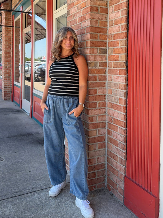 SMOCKED WAIST DENIM PANTS