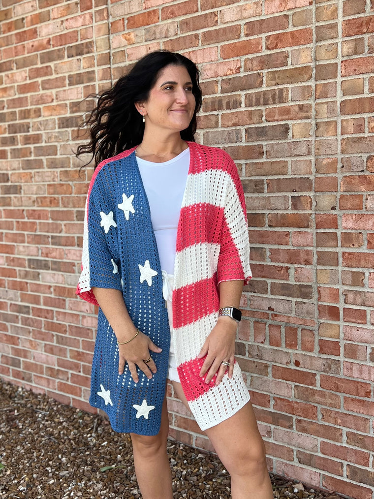 OPEN KNIT PATRIOTIC CARDIGAN