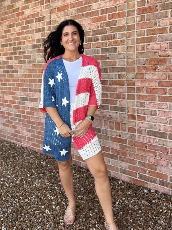 OPEN KNIT PATRIOTIC CARDIGAN