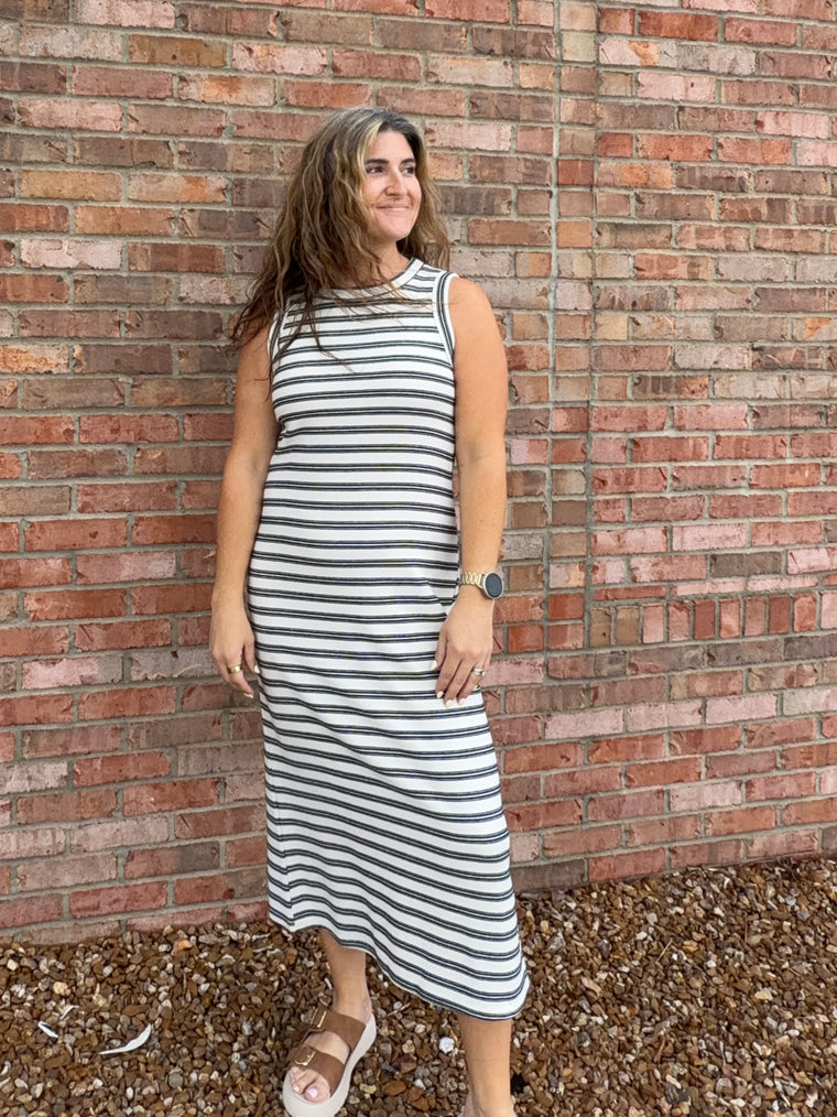 STRIPED BUTTON BACK MIDI DRESS