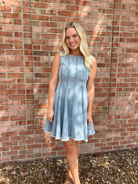 DENIM FLARED MINI DRESS
