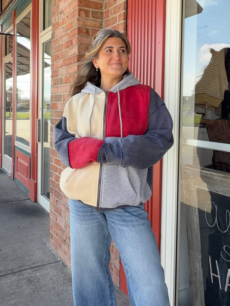 NAVY AND RED ZIP UP HOODIE