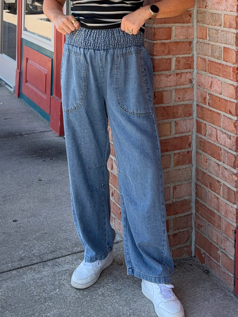 SMOCKED WAIST DENIM PANTS
