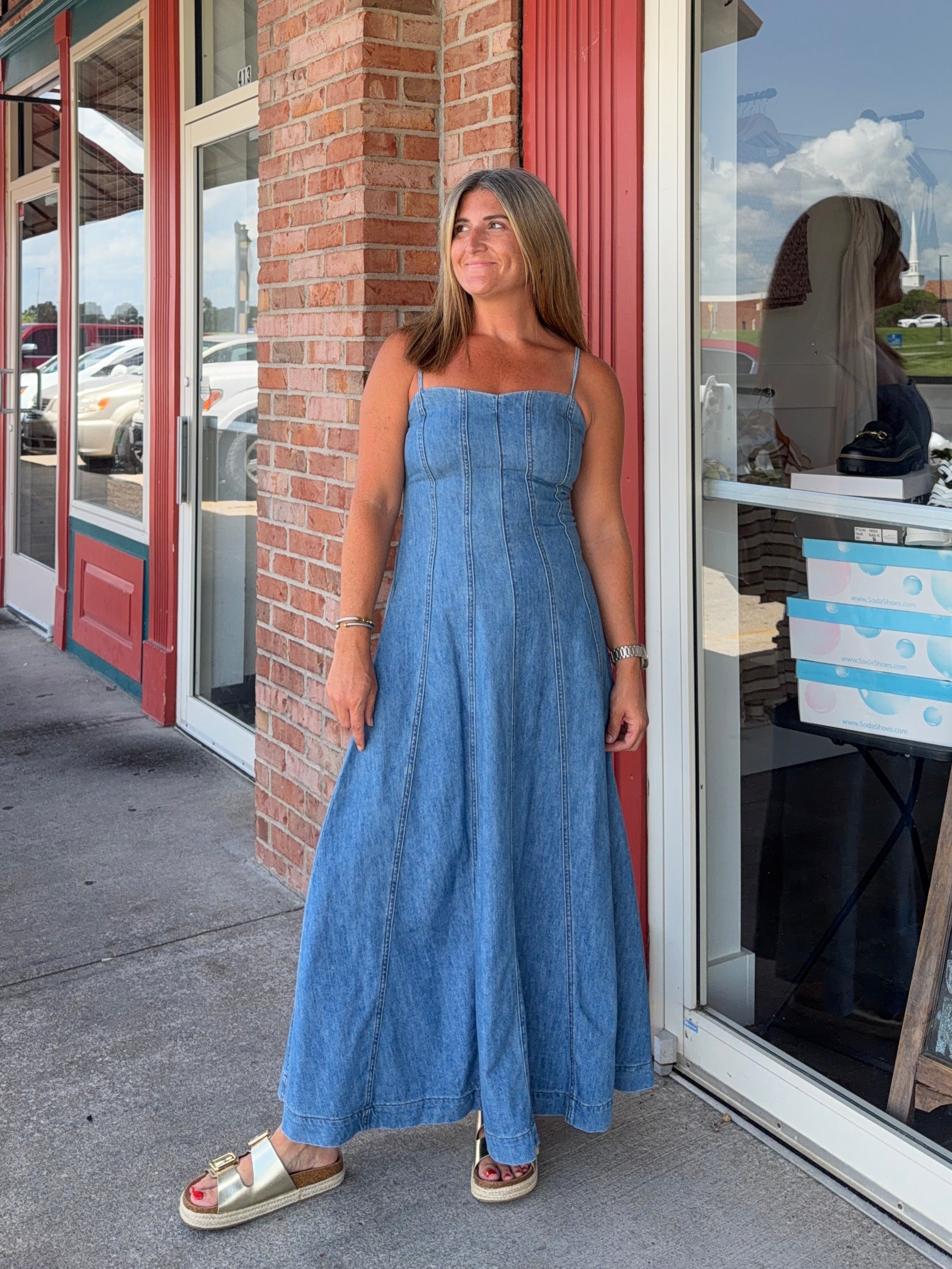 PANELED WASHED DENIM DRESS