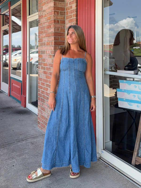 PANELED WASHED DENIM DRESS