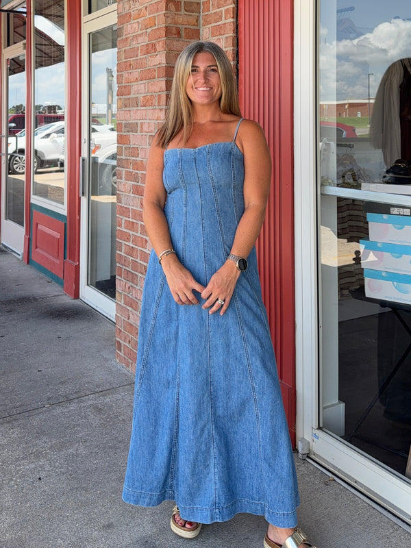 PANELED WASHED DENIM DRESS