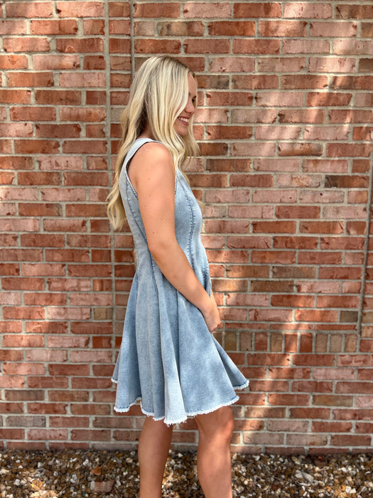 DENIM FLARED MINI DRESS