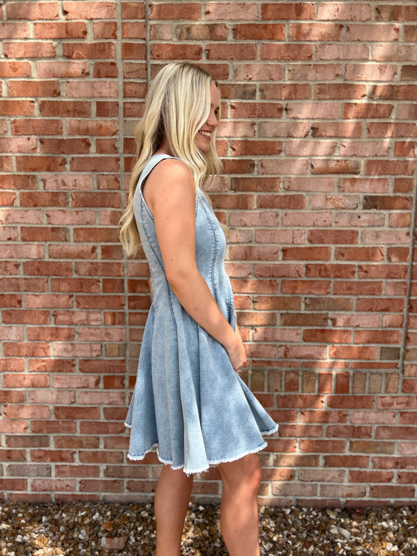 DENIM FLARED MINI DRESS