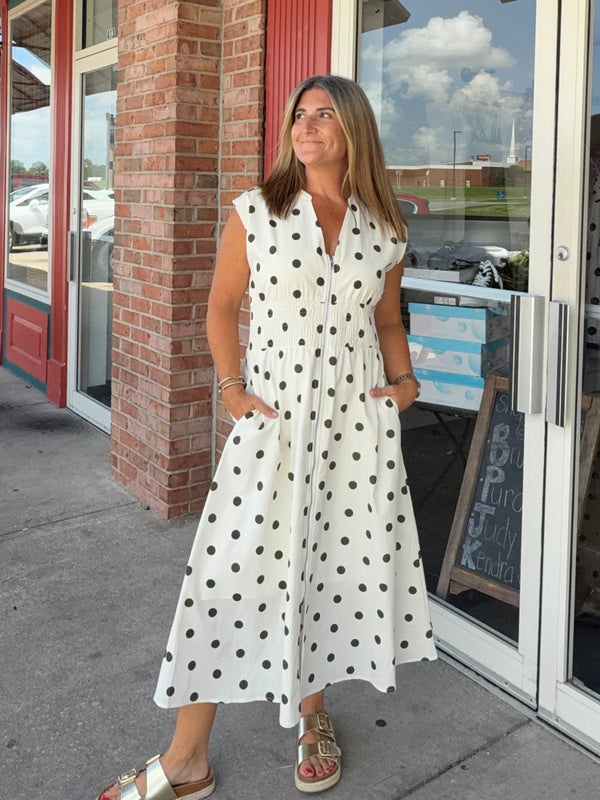 ZIPPERED FRONT POLKA DOT DRESS