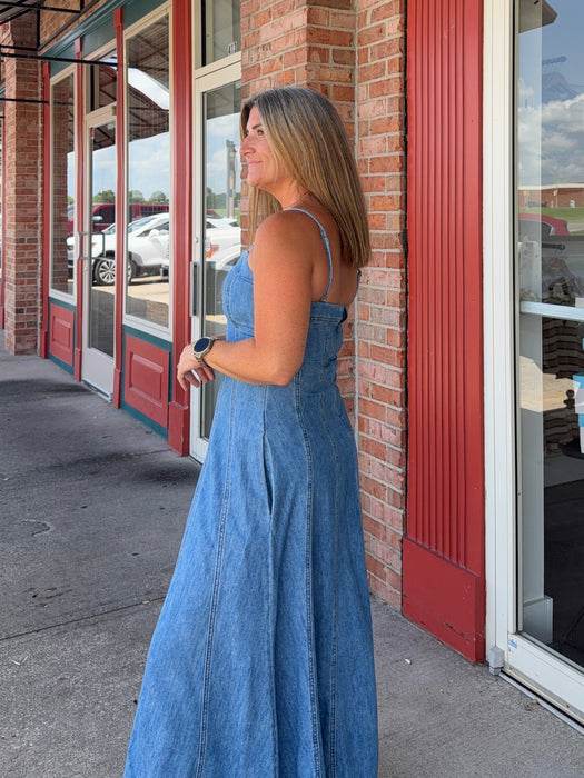 PANELED WASHED DENIM DRESS